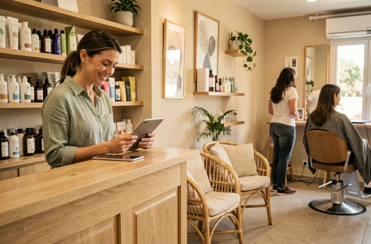 Accueil chaleureux d'un salon de coiffure élégant dans une ville côtière de l'Hérault avec des produits biologiques locaux