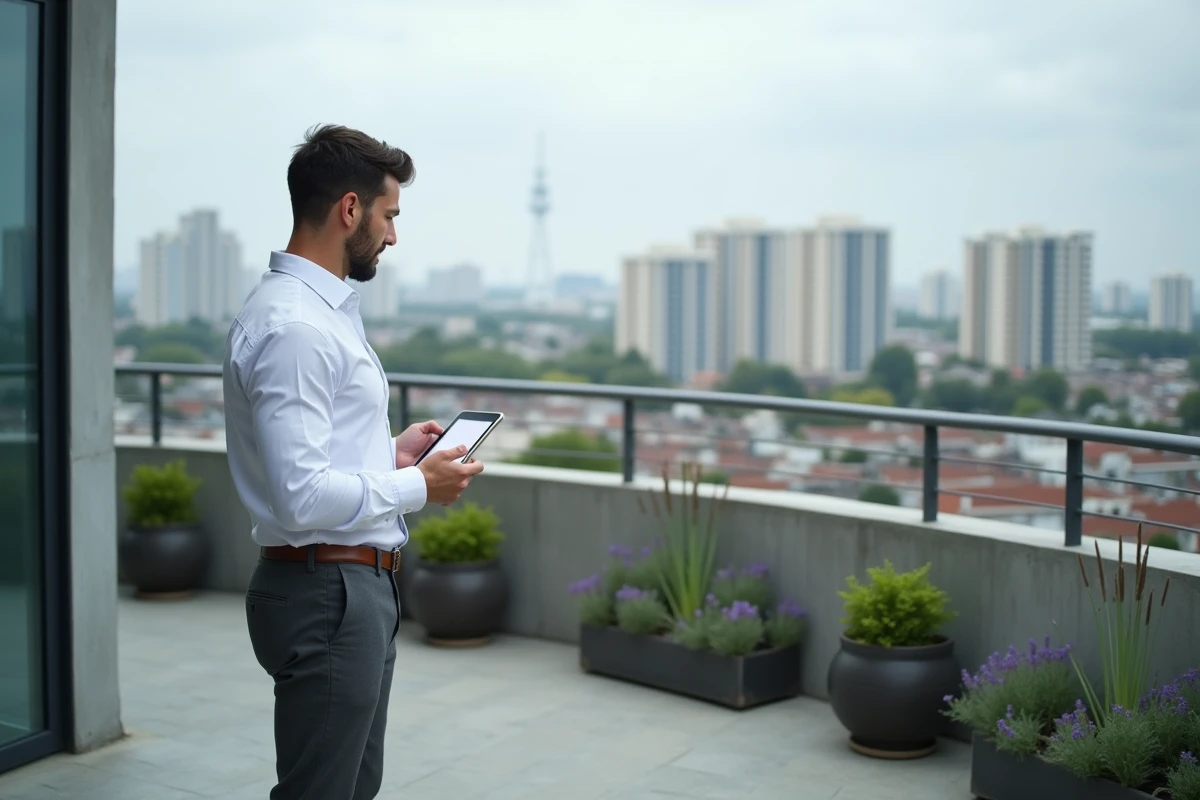 Homme consultant des plans architecturaux sur tablette depuis la terrasse d'un appartement neuf avec vue sur un quartier résidentiel urbain