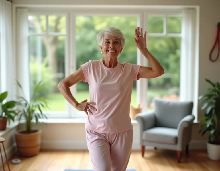 Femme senior souriante pratiquant des exercices physiques adaptés dans son salon confortable à la maison