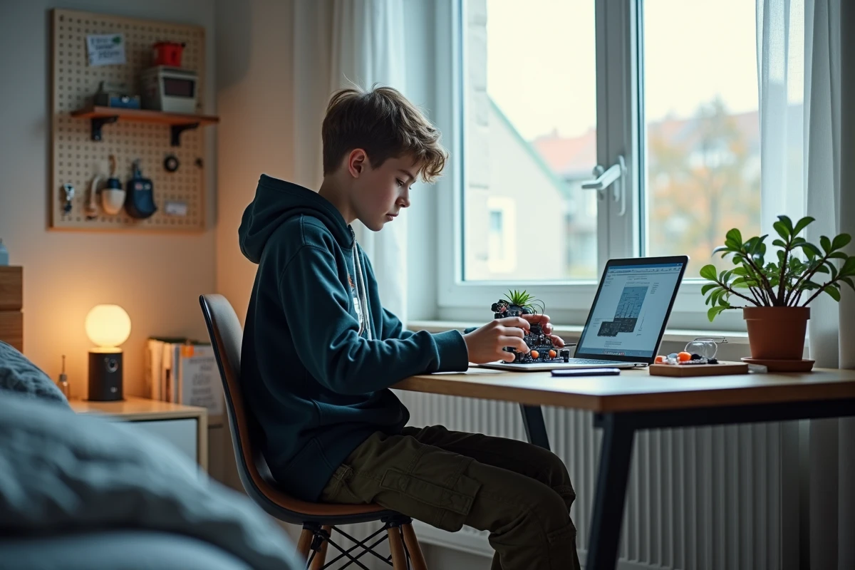 Adolescent concentré sur un kit de robotique dans une chambre moderne et minimaliste, entouré d'outils technologiques et de livres