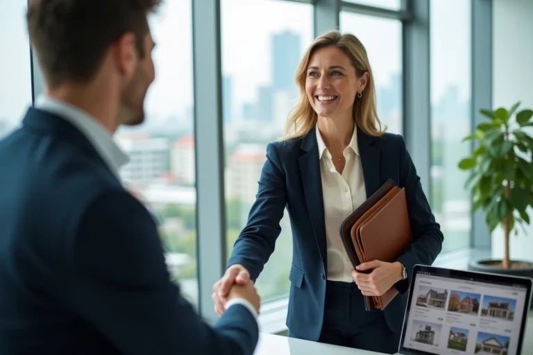 Agent immobilière professionnelle en blazer marine serrant la main d'un client dans une agence immobilière moderne avec vue sur la ville