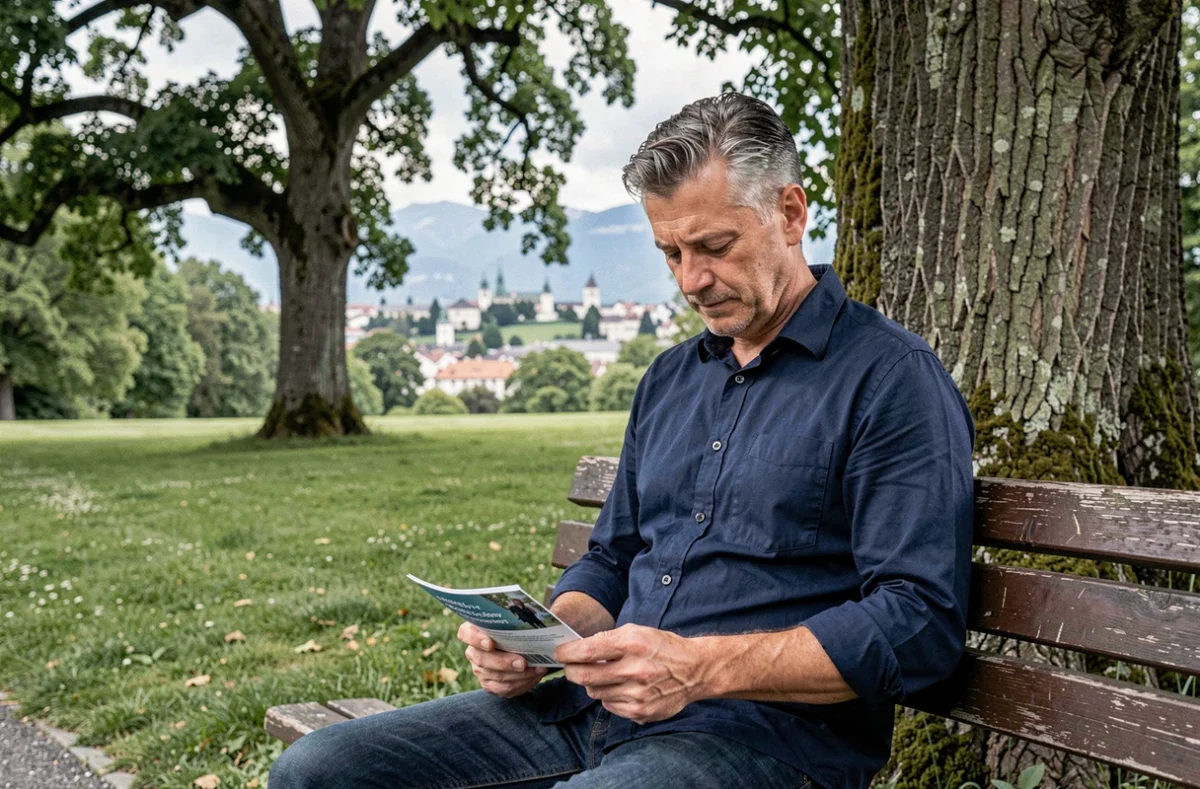Homme cherchant de l'aide psychologique assis dans un parc en Suisse avec brochure de ressources mentales