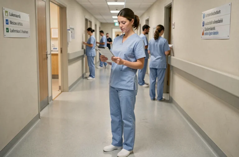 Aide-soignante en blouse bleue consultant une tablette dans un couloir d'hôpital moderne au Luxembourg