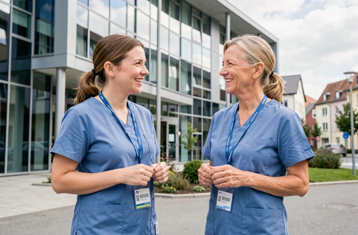 Deux aides-soignantes en conversation devant un centre de soins moderne au Luxembourg