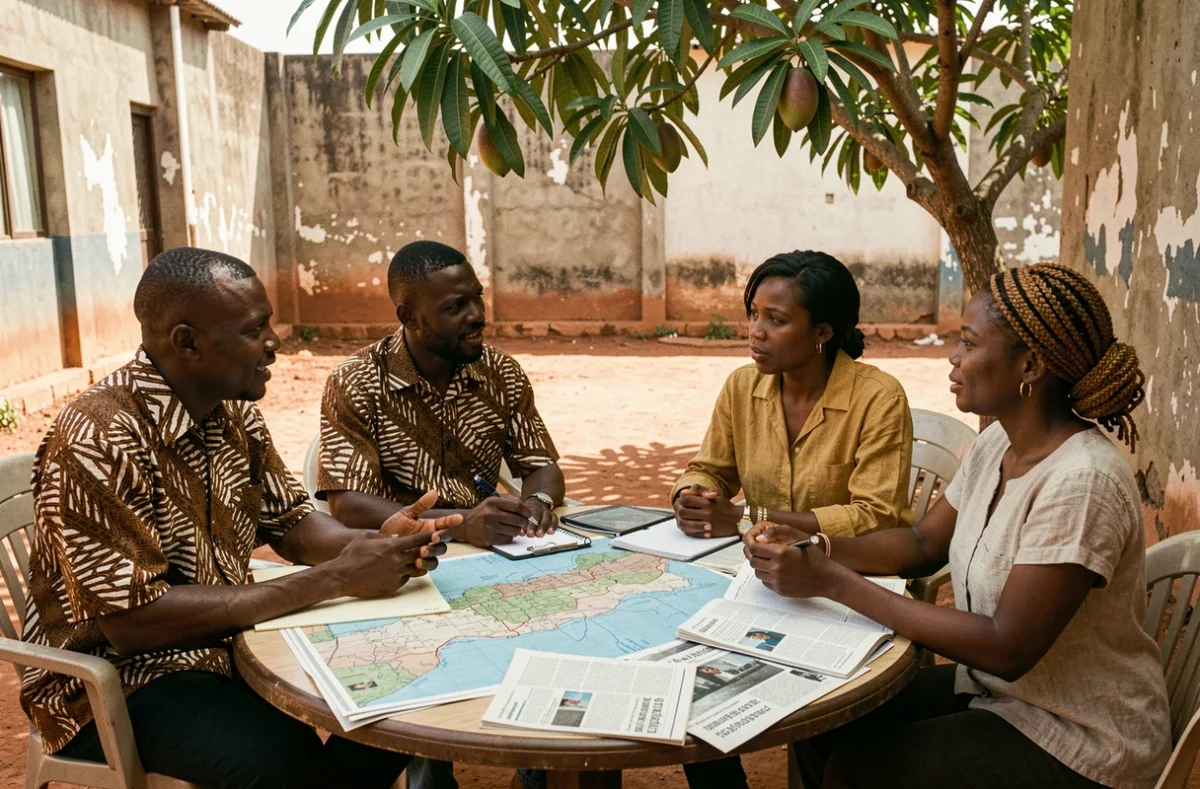 Groupe d'analystes burkinabè discutant d'enjeux politiques autour d'une table avec cartes et journaux en terrasse urbaine