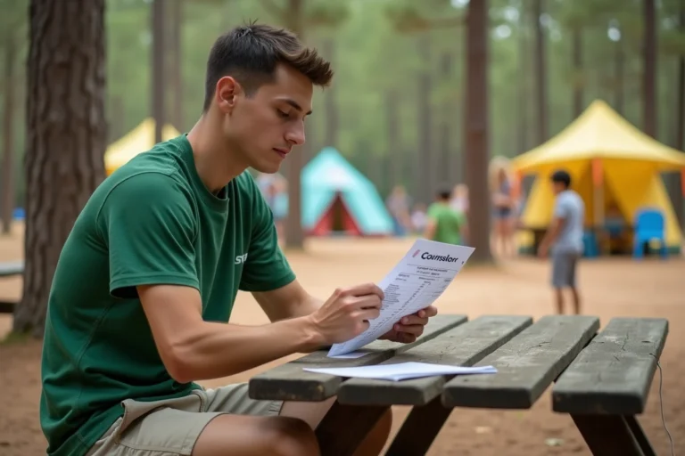 Jeune animateur de camp regardant son bulletin de salaire
