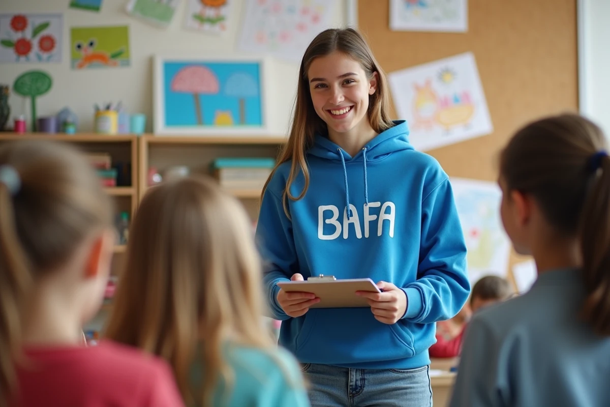 Animatrice de camp souriante avec des enfants en atelier