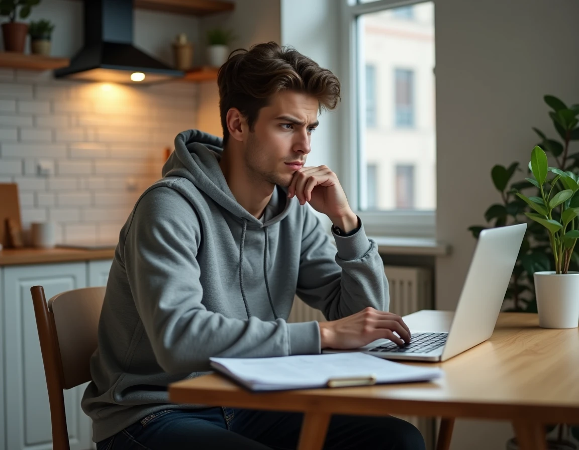 Jeune apprenti recherchant son numéro de contrat d'apprentissage sur ordinateur à domicile