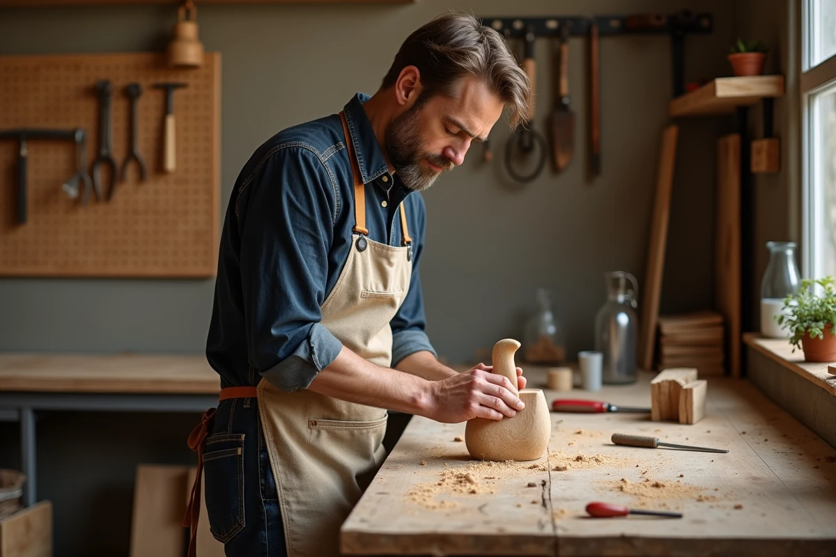 Artisan homme concentré sculptant le bois dans un atelier rustique, symbole d'une vie créative pleine de sens et d'accomplissement