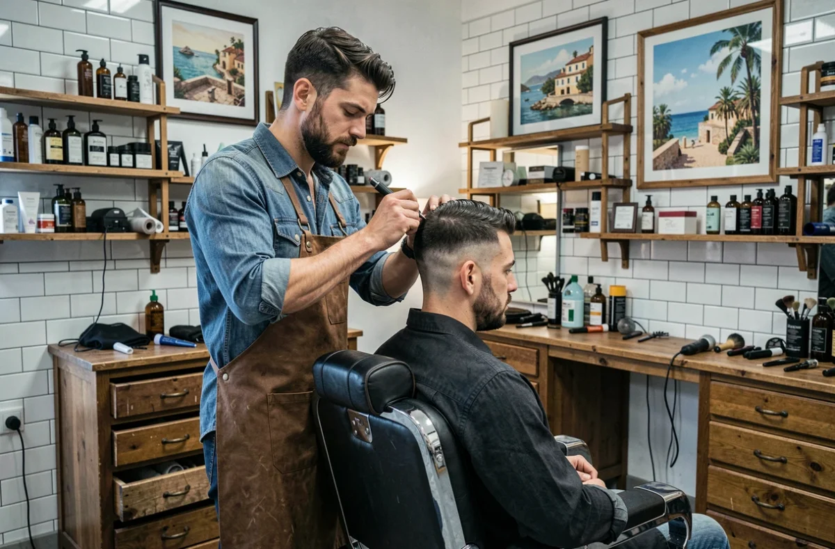 Barbier tendance réalisant un dégradé de barbe sur un client dans un barbershop contemporain à Montpellier