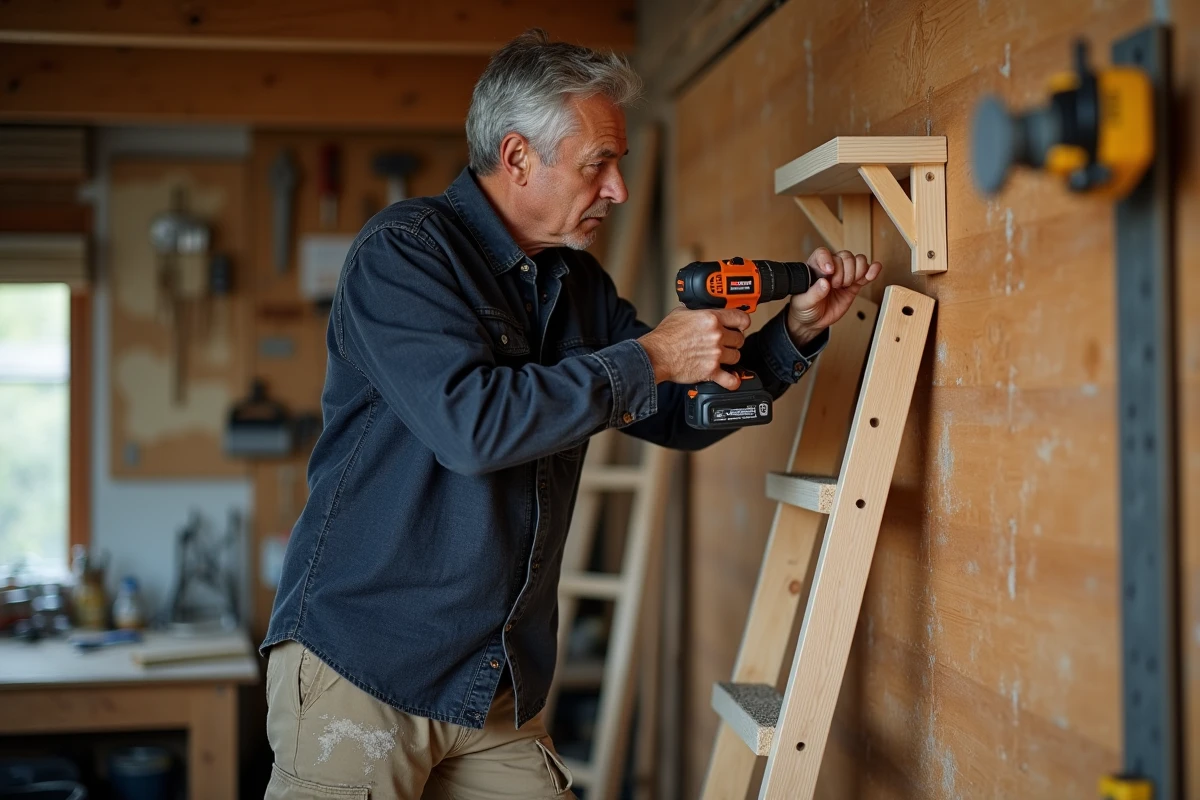 Homme d'âge mûr sur un escabeau en train de visser un support d'étagère murale dans un atelier de bricolage à domicile