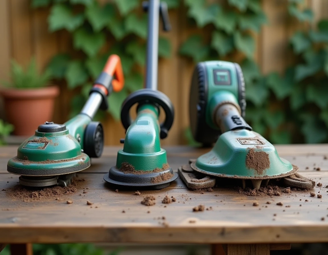 Comparaison de trois modèles de taille-bordures posés sur un établi en bois dans un jardin, incluant modèles sans fil, électrique et manuel