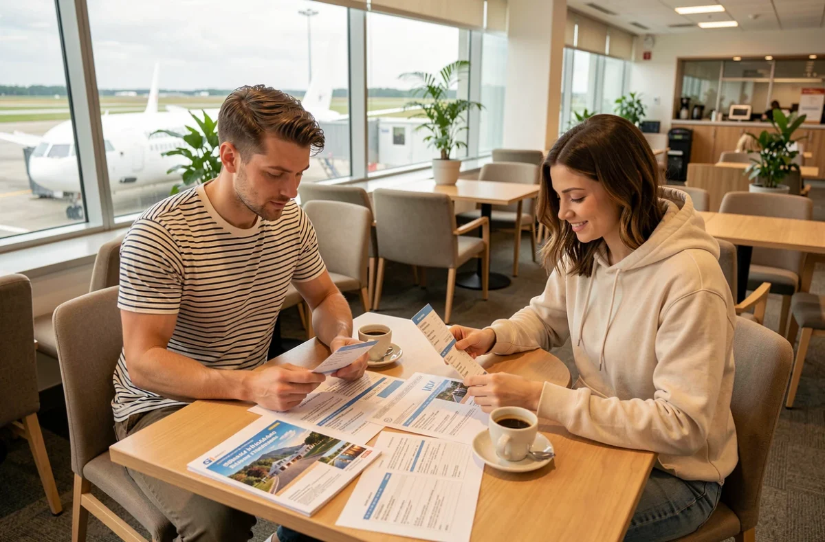 Couple vérifiant leurs billets et réservation Transavia dans un café d'aéroport avant leur vol