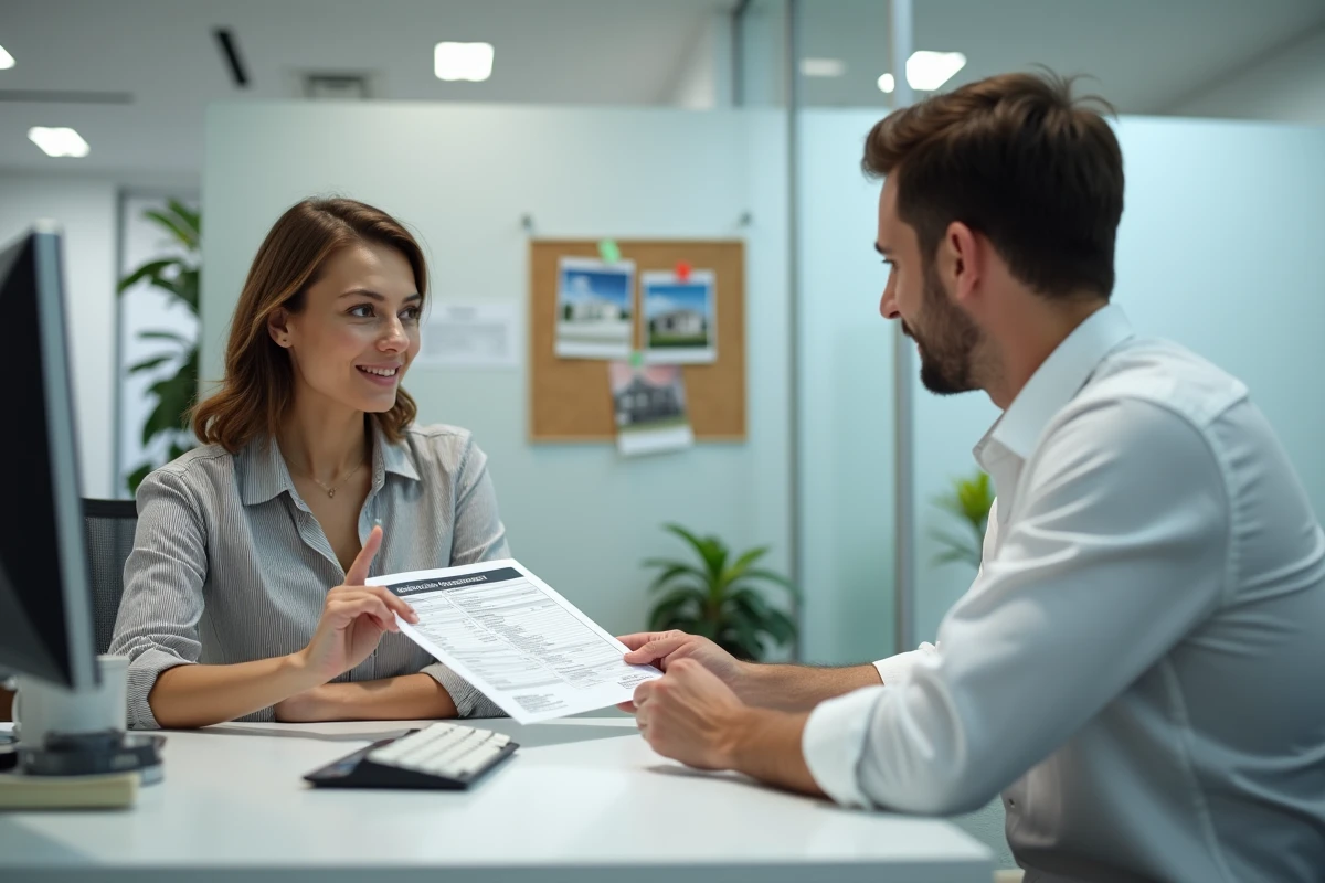 Couple de locataires en discussion avec un conseiller en agence immobilière, examinant un relevé de gestion locative