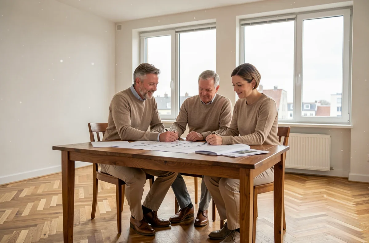 Couple examinant des plans immobiliers dans un appartement vide avec parquet en chevrons