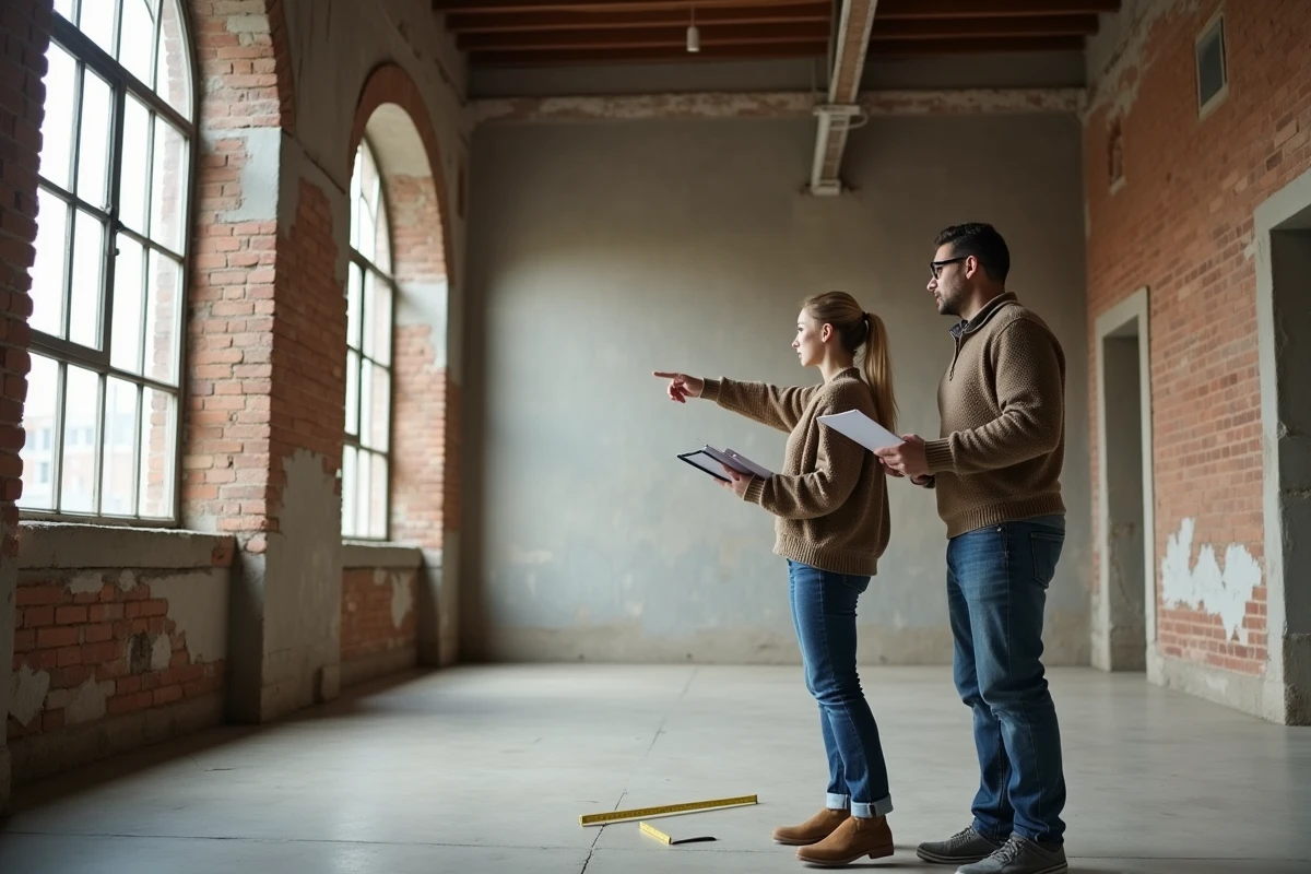 Couple visitant un appartement loft vide avec murs en briques apparentes, la femme prenant des notes lors d'une visite immobilière