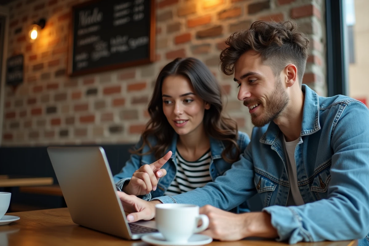 Deux jeunes adultes découvrant ensemble comment lire un scantrad de manga Blue Lock sur ordinateur portable dans un café