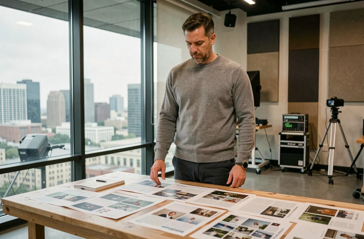 Directeur de médias examinant des maquettes éditoriales dans un studio de production professionnel