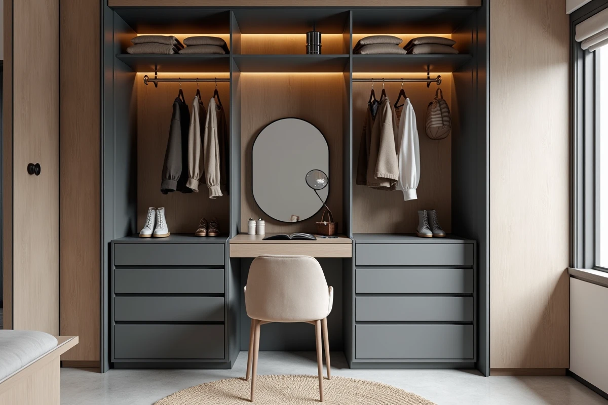Dressing d'angle compact en métal anthracite avec tiroirs, étagères acryliques et bureau coiffeuse intégré dans une alcôve scandinave