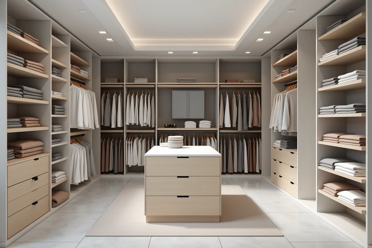 Dressing moderne en bois laqué blanc avec rangements ouverts, tiroirs en chêne et miroir grand format pour un agencement tendance