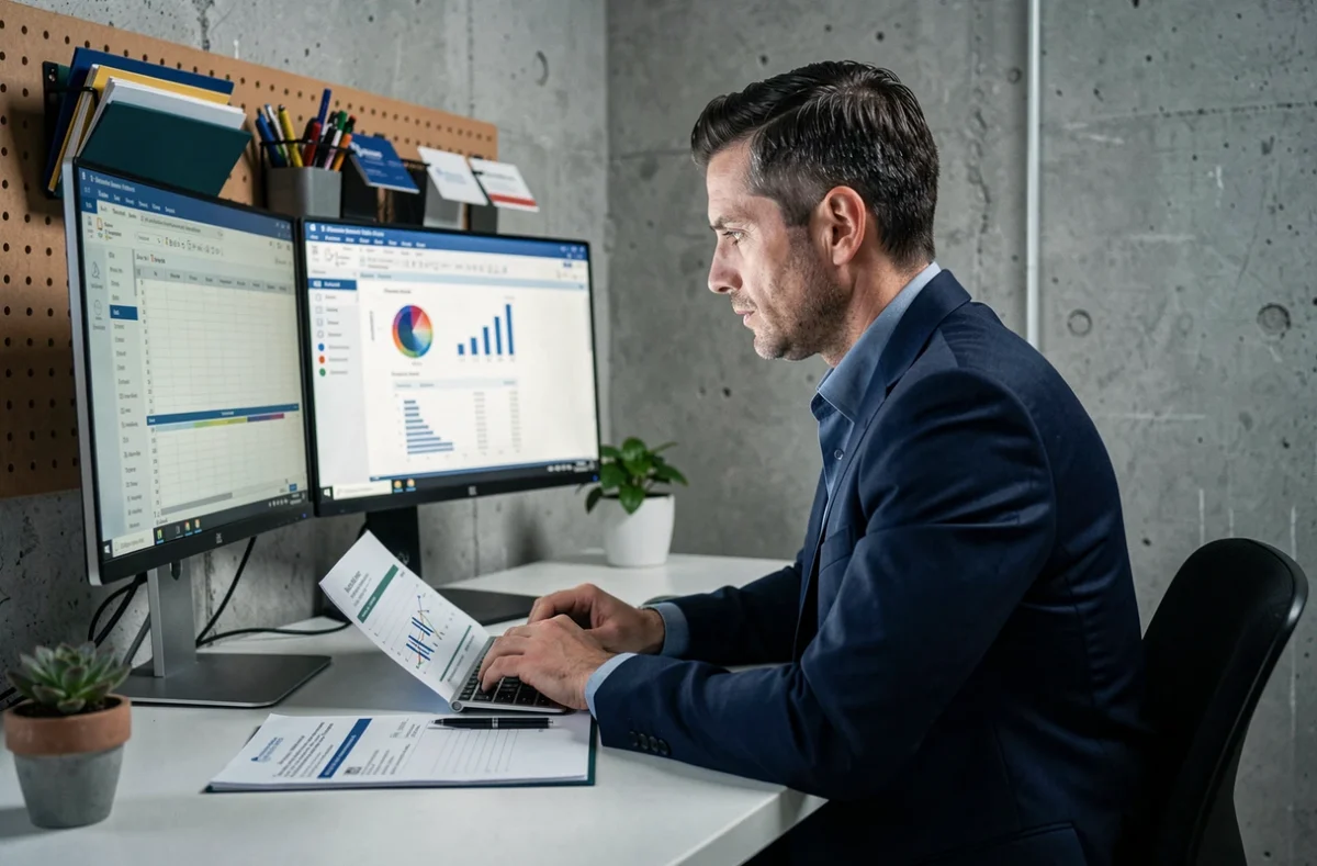 Entrepreneur concentré travaillant sur des tableaux financiers et un plan d'affaires dans un bureau minimaliste