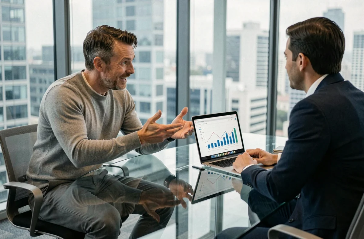 Entrepreneur en réunion de conseil avec un conseiller business autour d'un ordinateur portable
