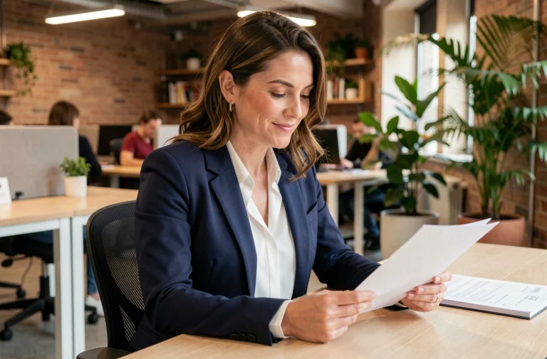 Entrepreneuse analysant des documents stratégiques dans un espace de coworking moderne