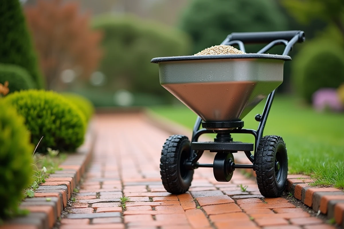 Gros plan d'un épandeur rotatif de graines de gazon sur un chemin de jardin