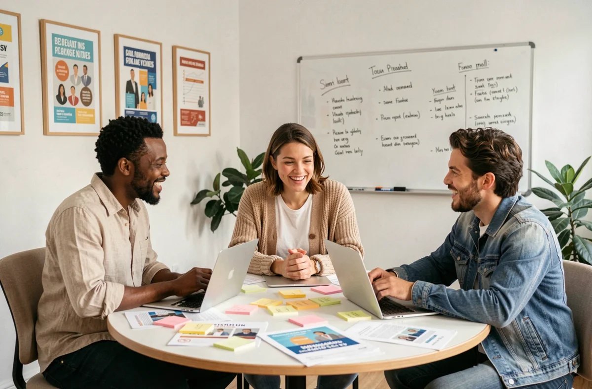 Équipe de communication en séance de brainstorming créatif autour d'une table de réunion en agence