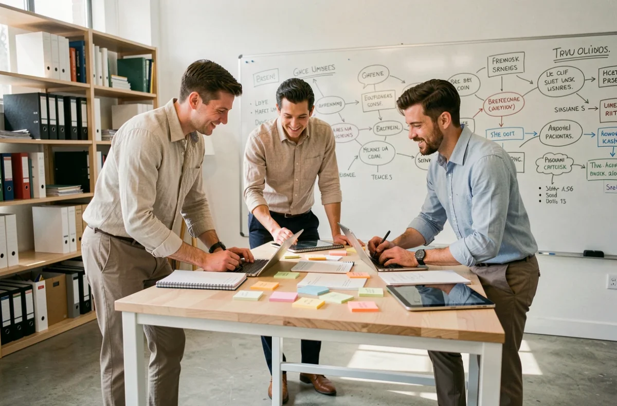 Groupe d'entrepreneurs collaborant autour d'une table dans un incubateur de startups