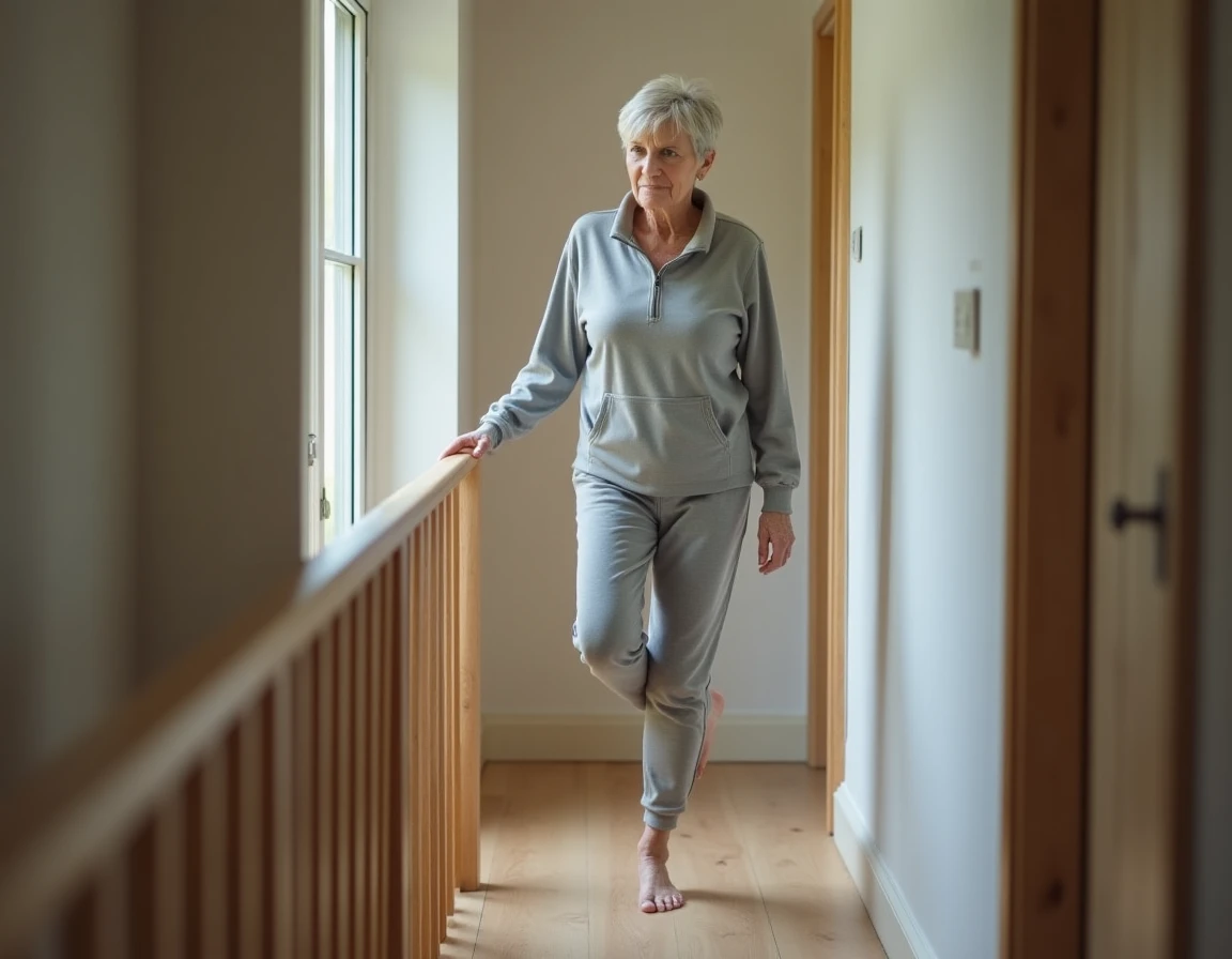 Senior femme pratiquant des exercices d'équilibre debout sur un pied dans un couloir à la maison, inspirés du protocole Otago