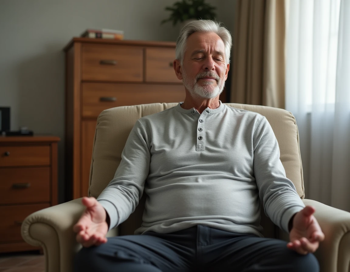Senior homme pratiquant des exercices respiratoires diaphragmatiques assis dans un fauteuil dans sa chambre