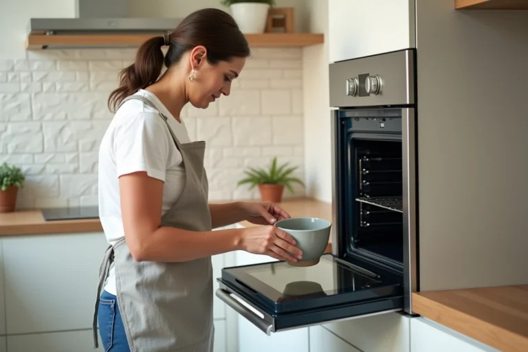 Femme plaçant un bol d'eau dans un four traditionnel pour créer de la vapeur lors de la cuisson