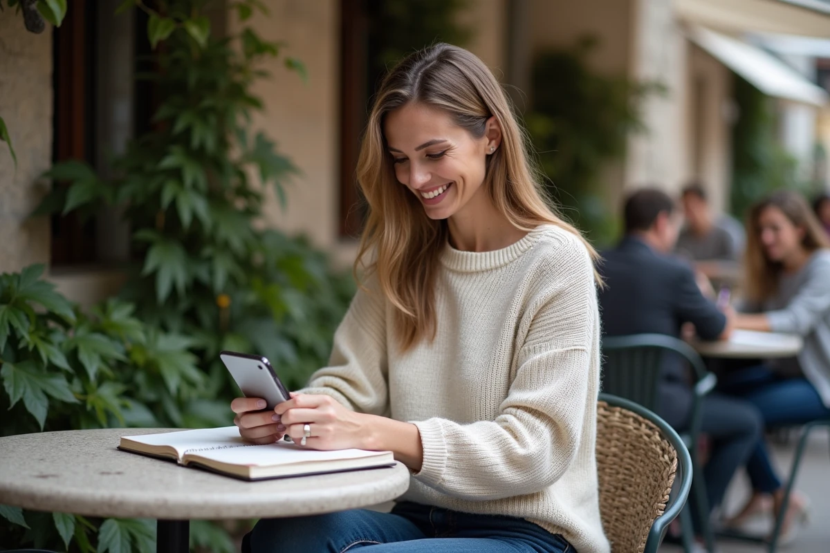 Femme souriante recherchant en extérieur sur son smartphone