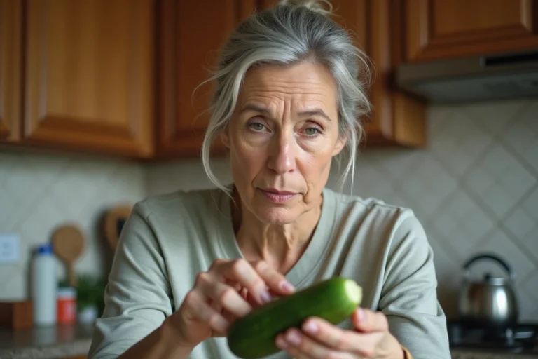 Femme examinant une courgette dans sa cuisine