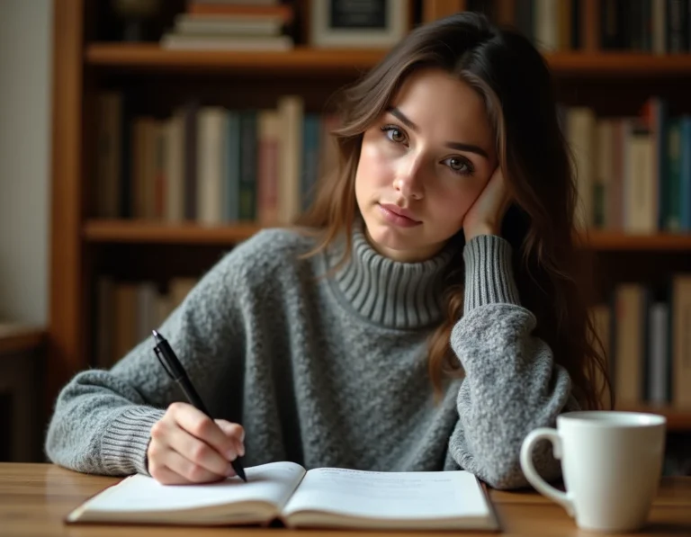 Jeune femme écrivant dans un cahier de grammaire française à son bureau en bois, illustrant la différence entre appelle moi et appel moi