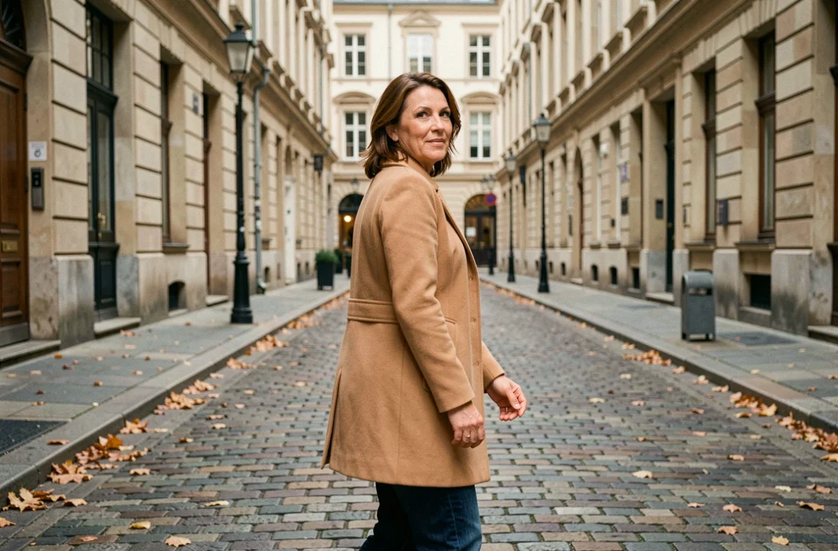 Femme mature en manteau camel marchant dans une rue pavée européenne en automne