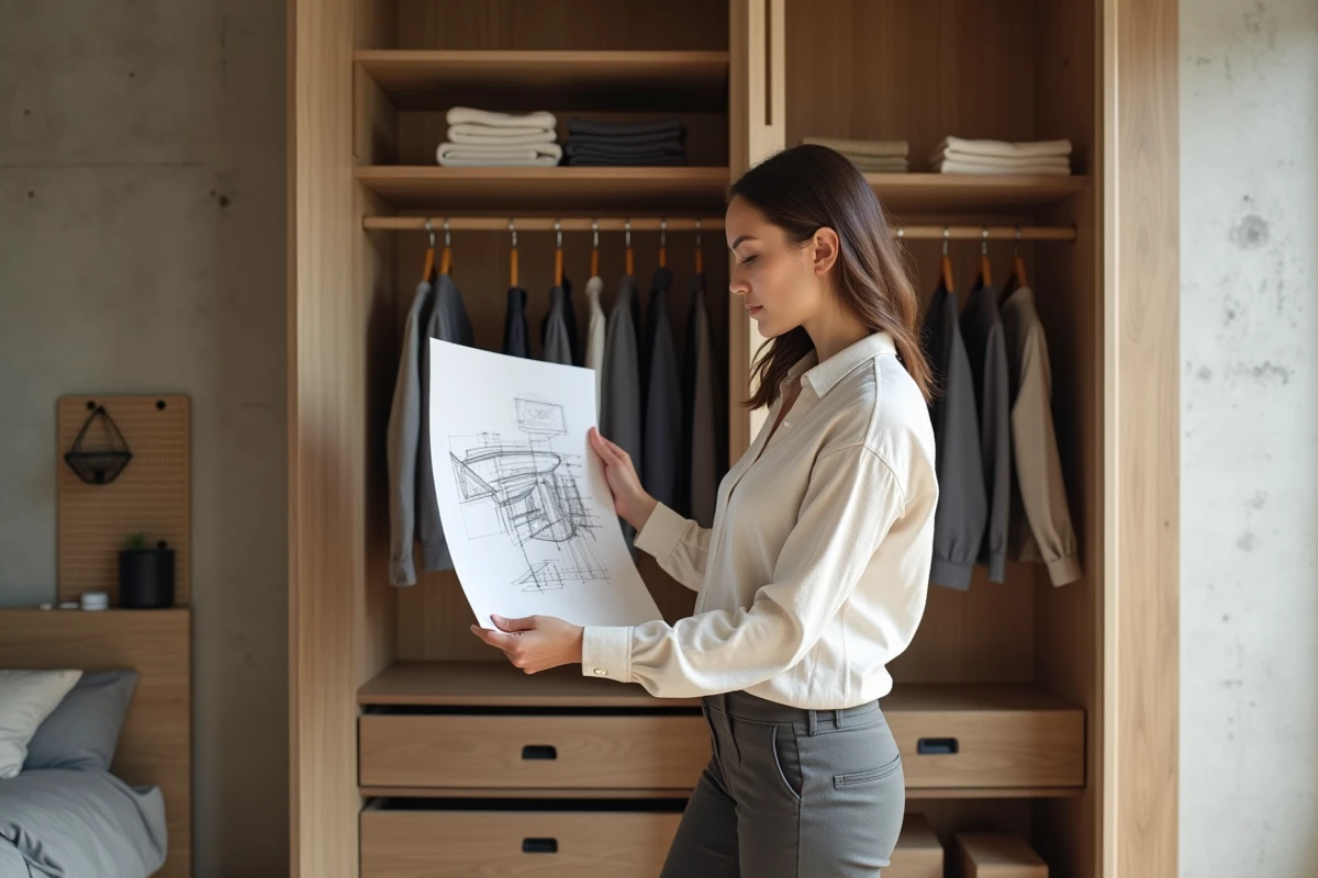 Femme consultant un plan d'agencement de dressing sur mesure devant une armoire modulaire ouverte dans une chambre moderne