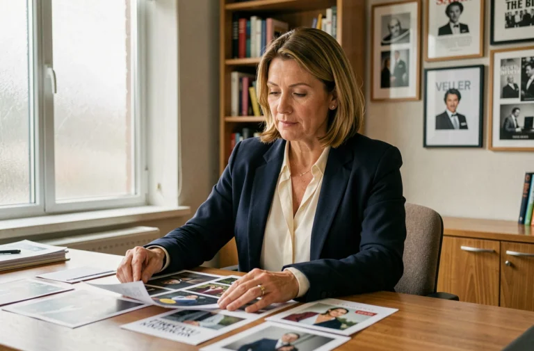 Femme élégante dans la quarantaine examinant des photographies sur un bureau en bois dans un bureau éditorial