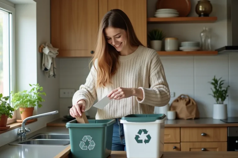 Jeune femme séparant papier et plastique dans sa cuisine