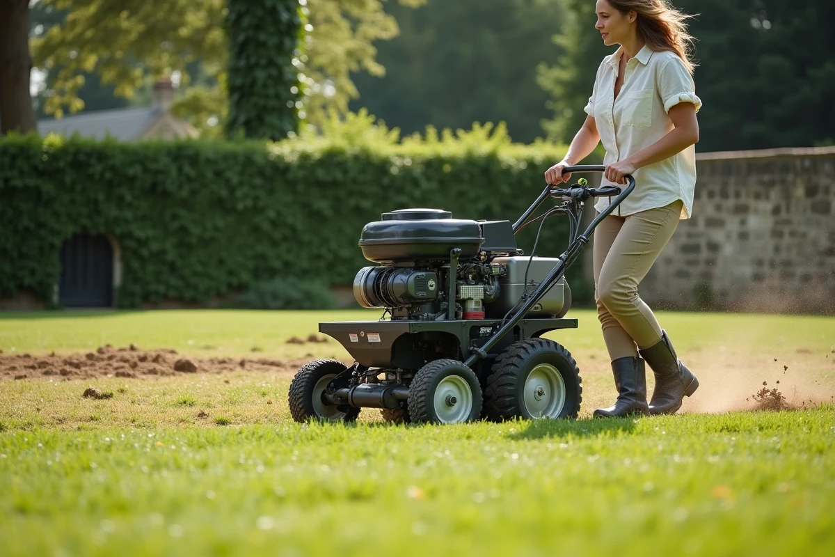 Femme utilisant un semoir mécanique autoportant dans un grand jardin résidentiel français