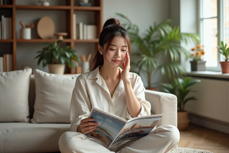 Jeune femme appliquant une creme dans un salon lumineux