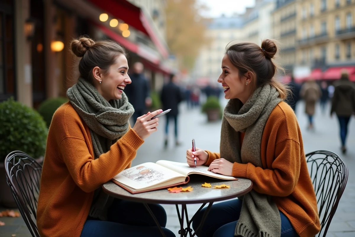 Deux femmes partageant un carnet d'idées à une terrasse de café parisienne en automne, incarnant une vie créative, épanouie et connectée