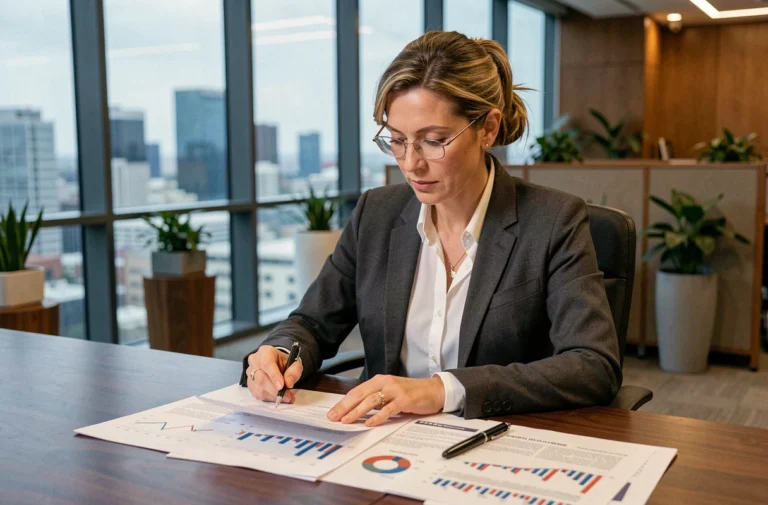 Femme d'affaires en blazer gris analysant des documents financiers dans un bureau moderne avec vue sur la ville