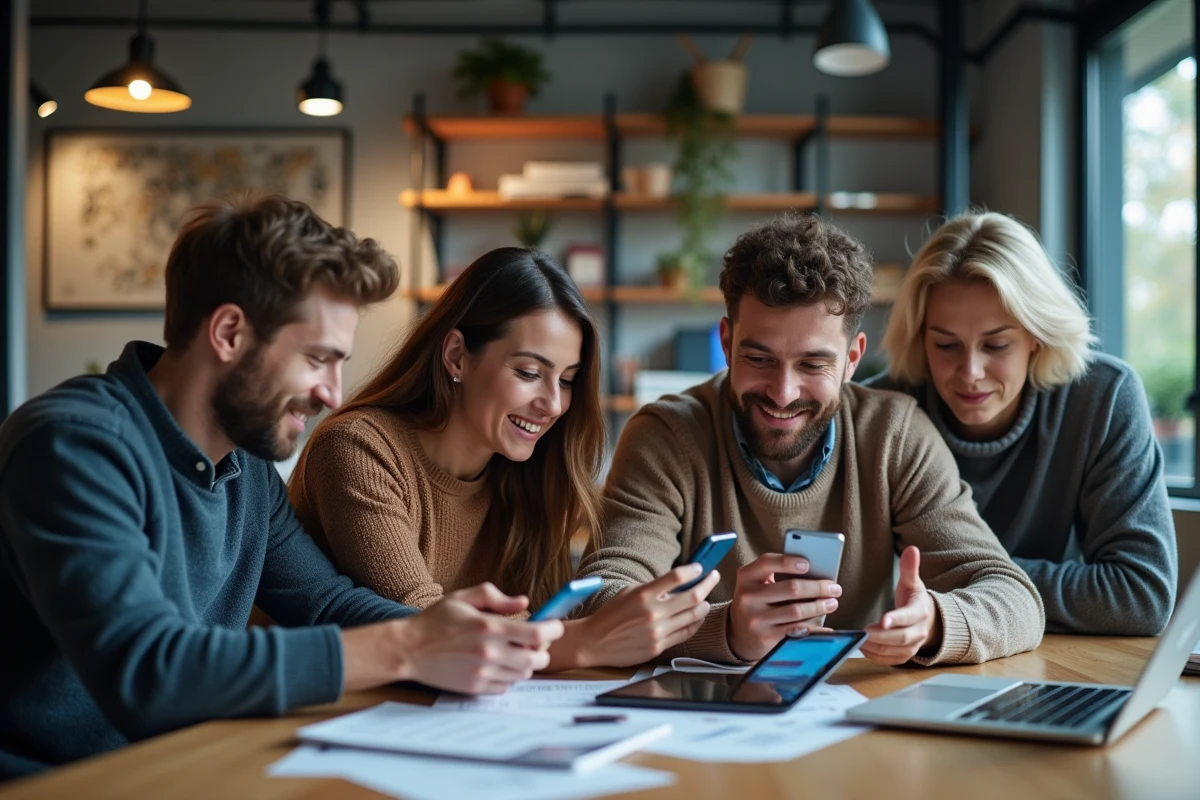 Groupe de jeunes analysant des tendances web en équipe