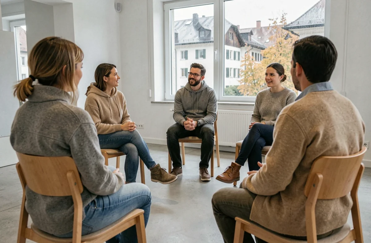 Groupe de soutien psychologique en séance collective dans un centre communautaire en Suisse