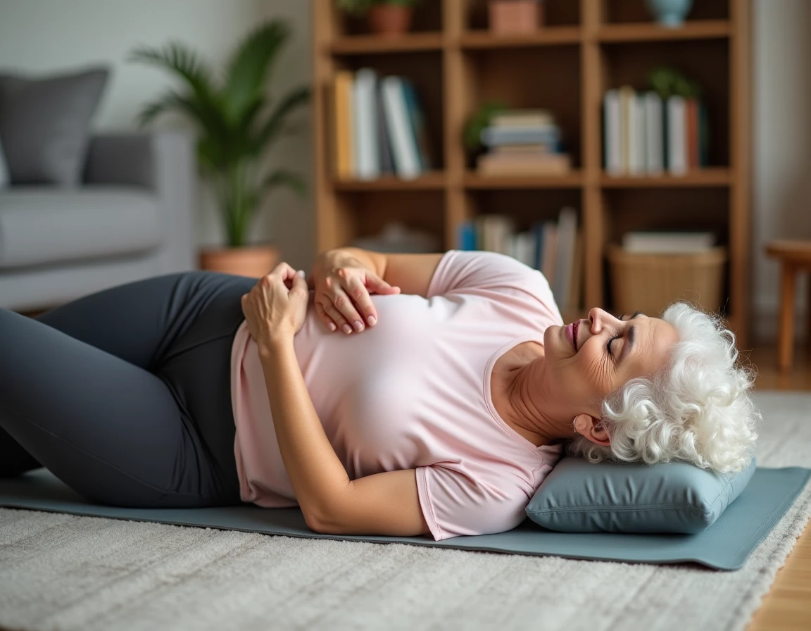 Senior femme faisant de la gymnastique douce allongée sur un tapis de sol dans le salon