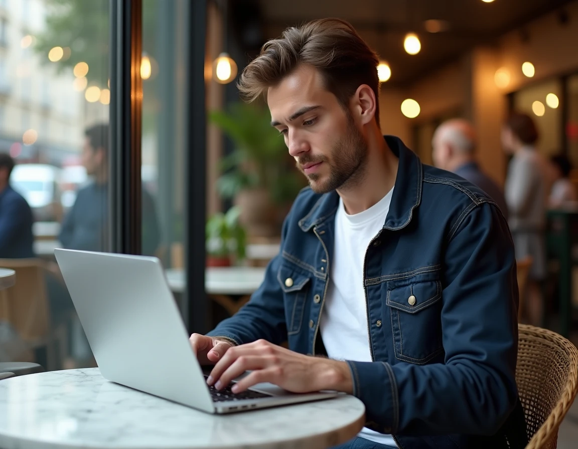 Jeune homme consultant un site d'apprentissage du français sur son ordinateur portable dans un café parisien pour comprendre l'orthographe de appelle moi