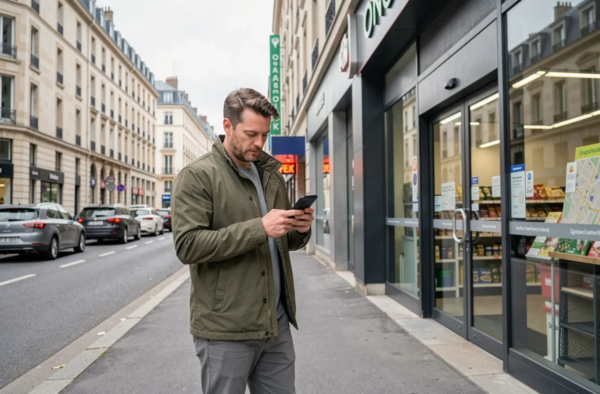 Homme consultant son téléphone devant l'entrée d'un supermarché en zone commerciale urbaine en France
