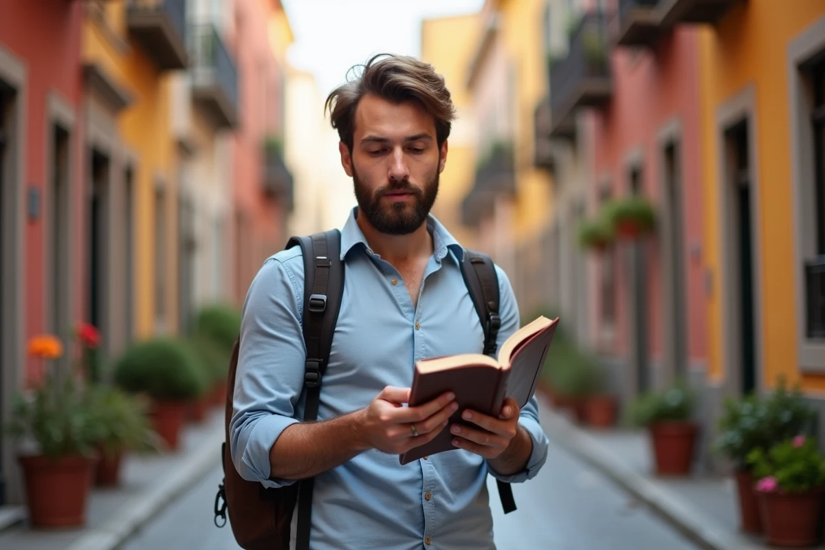Homme avec sac à dos regardant un guide en rue pavée